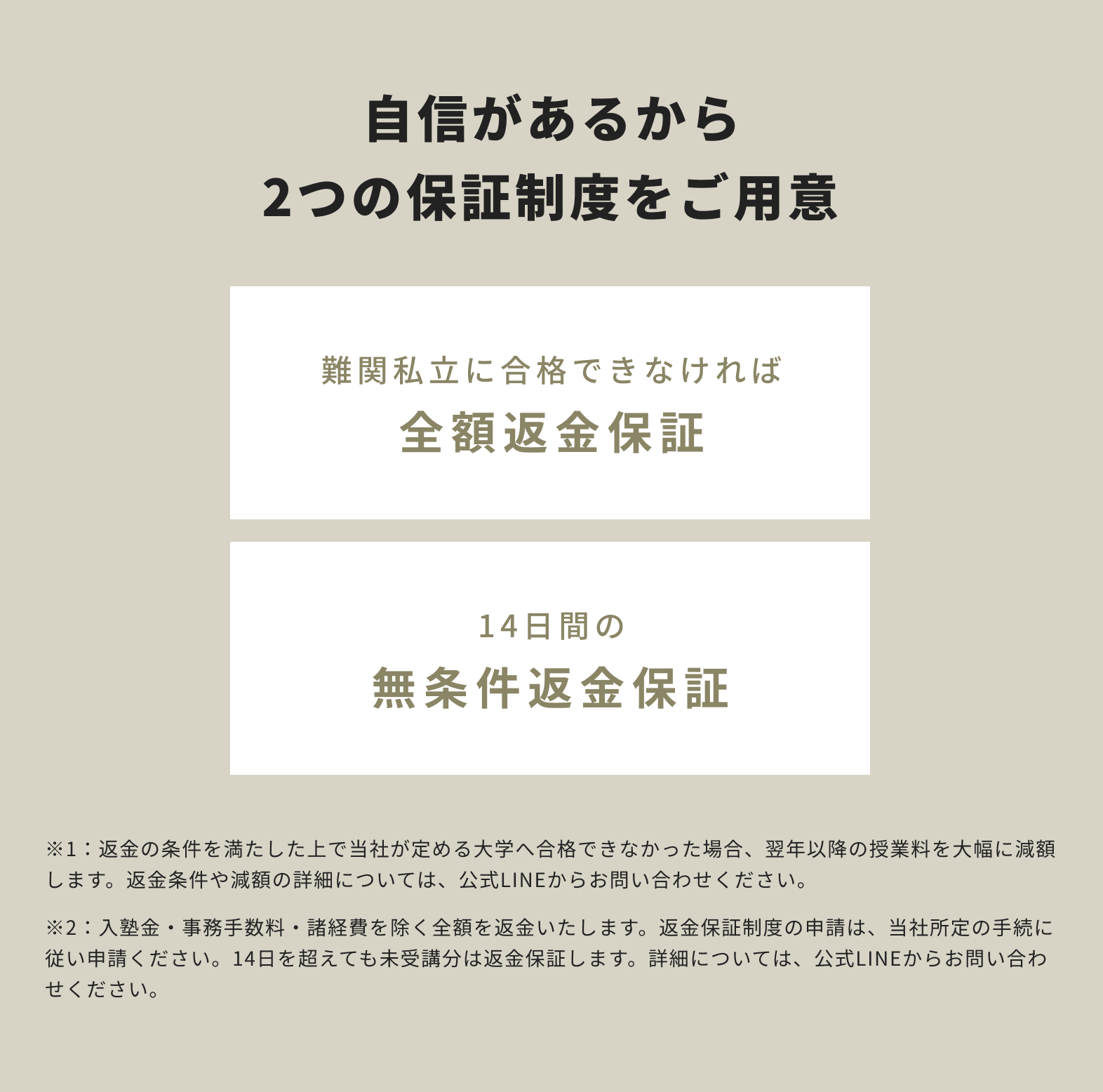 FAST-UPはサービスの質に自信があるため、全額返金保証、無条件返金保証の2つの保証制度を用意しています。